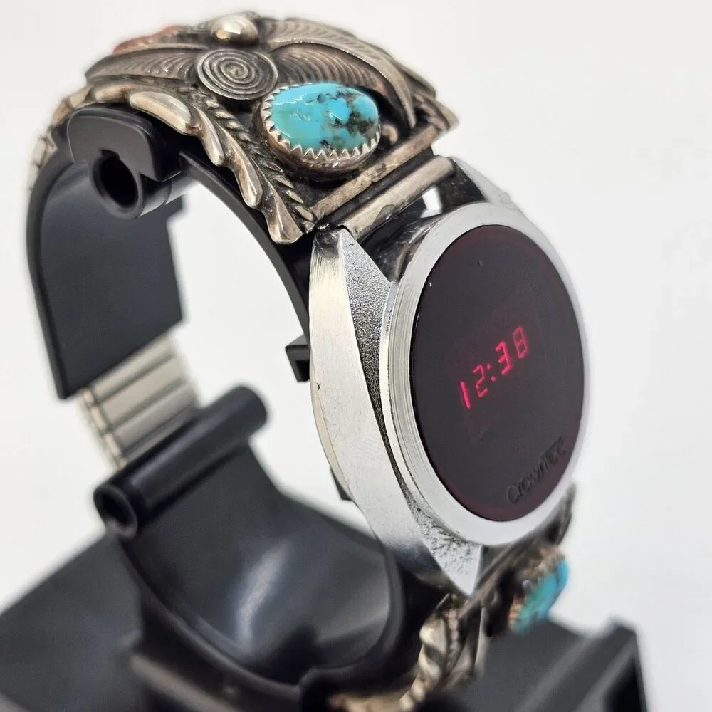 VTG Navajo Sterling Silver Flower Coral Turquoise Band‎ CrownTec Digital Watch